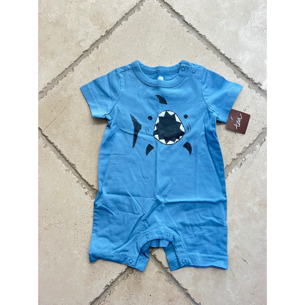 NWT Tea Collection Boys 6-9M Shark Graphic Romper Blue Tide One-Piece Cotton